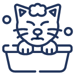 Line icon illustration of a cat sitting in a bathtub used for pet care graphics