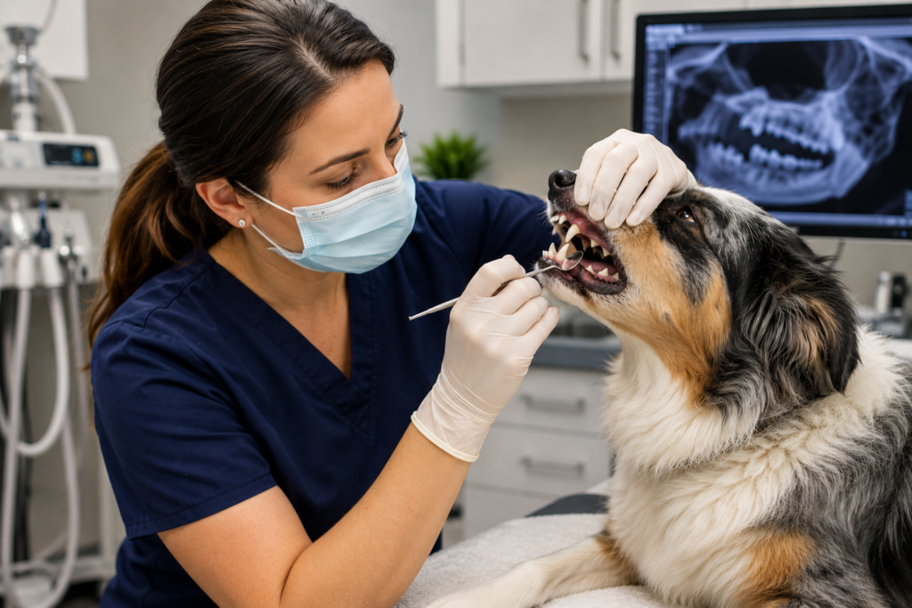 Veterinary dental specialist performing an oral examination on a dog to evaluate signs of dental pain and oral disease.