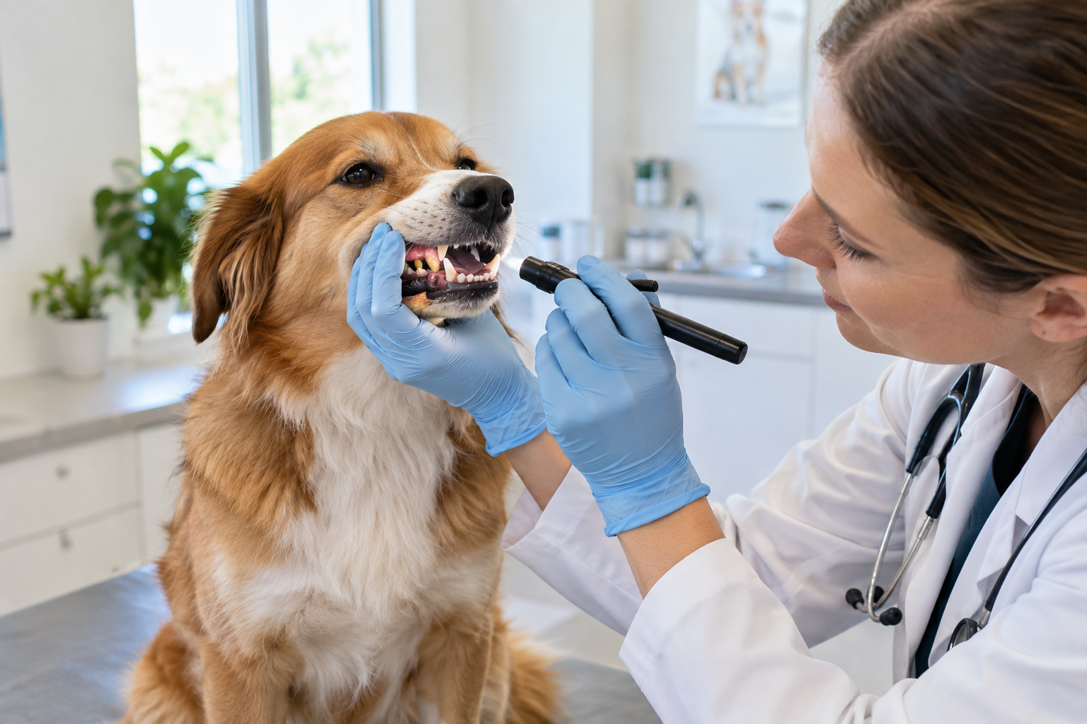 Veterinarian examining a calm dog’s mouth and teeth, where mild tartar and gum redness may contribute to bad breath.